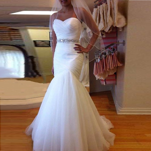 

Mermaid / Trumpet Wedding Dresses Sweetheart Neckline Court Train Tulle Strapless Formal Sparkle & Shine with Ruched Crystals 2022