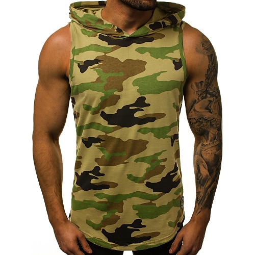 Men's Tank Top Shirt Vest Top Undershirt Sleeveless Shirt Letter Camo / Camouflage Hooded Sports Gym Sleeveless Print Clothing Apparel Basic Military Muscle