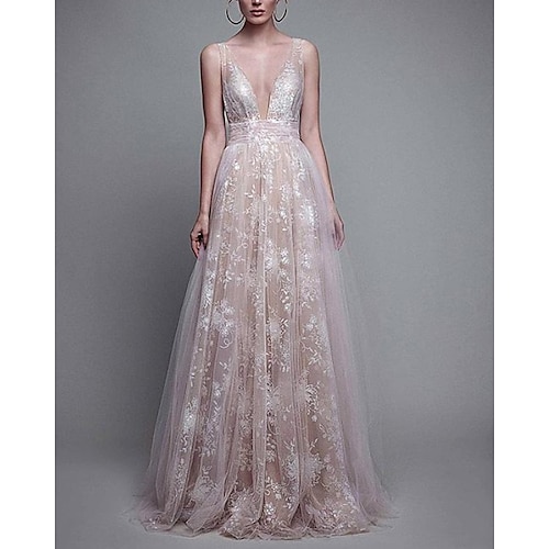 

A-Line Cut Out Floral Engagement Formal Evening Dress V Neck Sleeveless Floor Length Lace with Pleats Appliques 2022