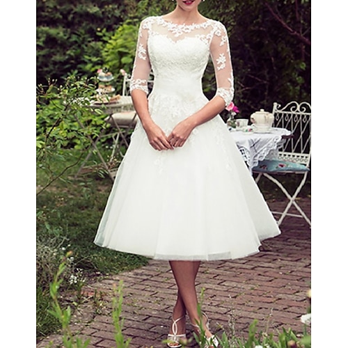 

A-Line Wedding Dresses Jewel Neck Tea Length Lace Tulle Half Sleeve Vintage Sexy Wedding Dress in Color with Embroidery Appliques 2022