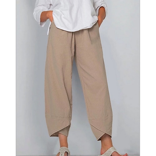 

Women's Chinos Pants Trousers Faux Linen Khaki Dusty Blue Black Mid Waist Chino Office Ankle-Length Lightweight Solid Colored S M L XL XXL / Plus Size / Loose Fit