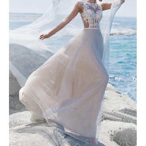 

A-Line Wedding Dresses Jewel Neck Sweep / Brush Train Lace Tulle Short Sleeve Beach Sexy See-Through with Sashes / Ribbons Embroidery 2022