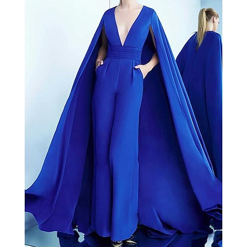 

Jumpsuits Elegant Engagement Formal Evening Dress V Neck Sleeveless Sweep / Brush Train Satin with Sleek 2022