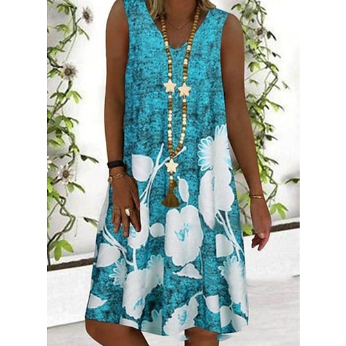Women‘s Shift Dress Knee Length Dress Blue Gray Sleeveless Floral Print Spring Summer V Neck Casual 2023 S M L XL XXL 3XL 4XL 5XL