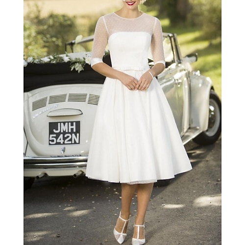 

A-Line Wedding Dresses Jewel Neck Tea Length Satin Tulle Half Sleeve Vintage Sexy Wedding Dress in Color with Sashes / Ribbons Pleats 2022