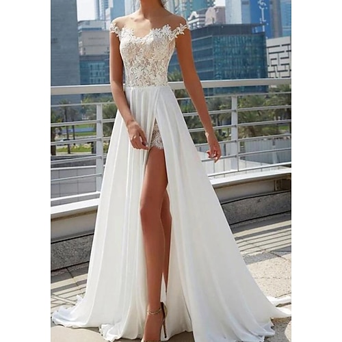 

A-Line Wedding Dresses Off Shoulder Sweep / Brush Train Lace Tulle Cap Sleeve Beach Sexy See-Through with Split Front 2022