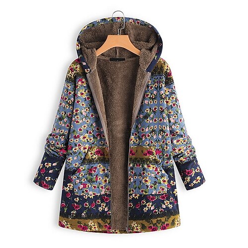 

Women's Parka Causal Daily Regular Coat Regular Fit Ethnic Style Jacket Long Sleeve Floral Pure Color Blue Blushing Pink Green