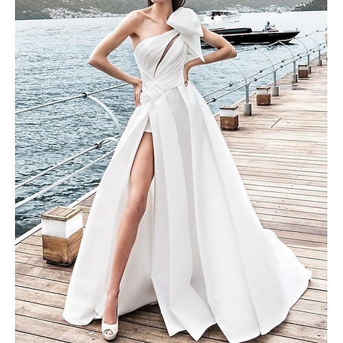 

A-Line Wedding Dresses One Shoulder Sweep / Brush Train Satin Sleeveless Sexy with Bow(s) Split Front 2022