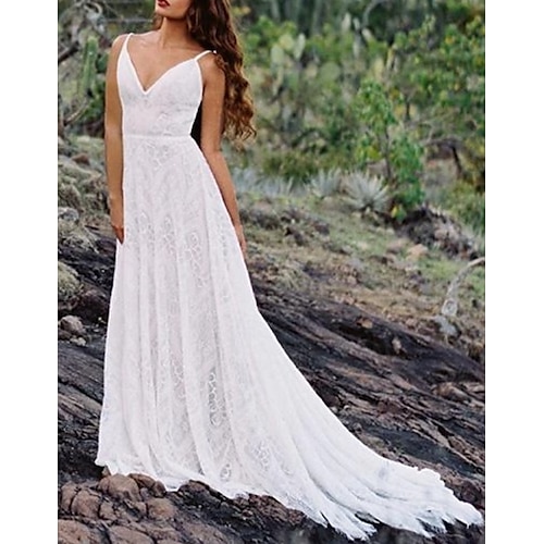 

A-Line Wedding Dresses Spaghetti Strap Sweep / Brush Train Lace Sleeveless Beach Vintage Sexy Wedding Dress in Color Backless with Pleats 2022