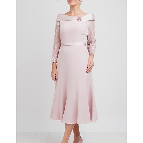 

A-Line Mother of the Bride Dress Elegant Bateau Neck Ankle Length Satin Lace 3/4 Length Sleeve with Pleats Beading 2022