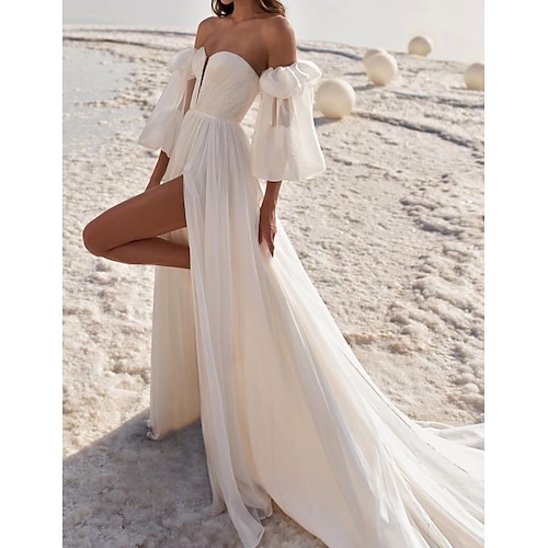 

A-Line Wedding Dresses Strapless Off Shoulder Court Train Chiffon Over Satin 3/4 Length Sleeve Sexy with Split Front 2022