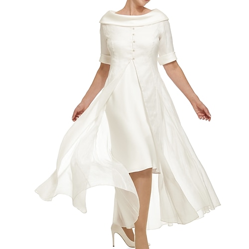 

Sheath / Column Mother of the Bride Dress Elegant Cowl Neck Knee Length Chiffon Satin Half Sleeve with Buttons 2022