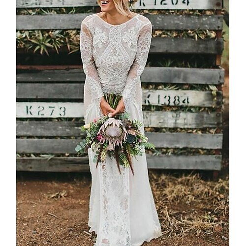 

A-Line Wedding Dresses Jewel Neck Sweep / Brush Train Chiffon Lace Long Sleeve Beach Boho Sexy with 2022