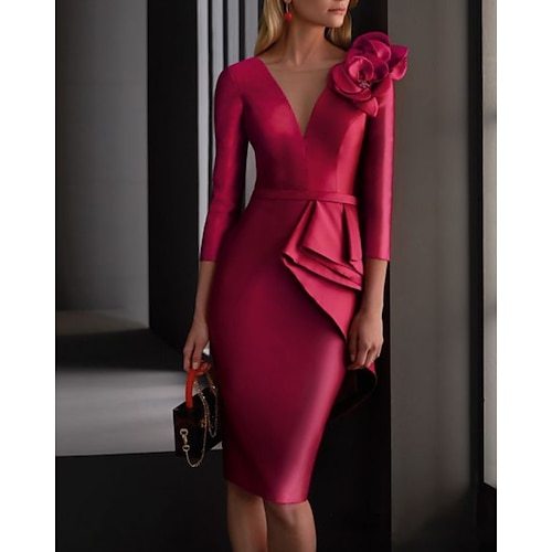 

Two Piece Sheath / Column Mother of the Bride Dress Elegant V Neck Knee Length Satin 3/4 Length Sleeve with Ruching Flower 2022