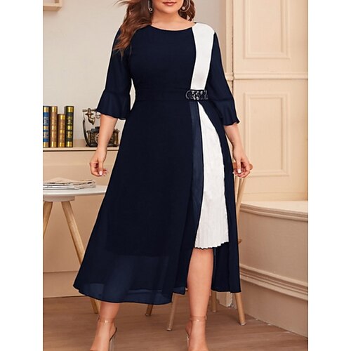 

Women's Plus Size Holiday Dress Color Block Crew Neck 3/4 Length Sleeve Spring Fall Work Casual Comfortable Midi Dress Dailywear Work Dress