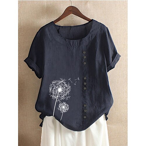 

Women's Blouse Shirt Blue Purple Army Green Floral Flower Print Short Sleeve Daily Basic Round Neck Regular Loose Fit M / Summer