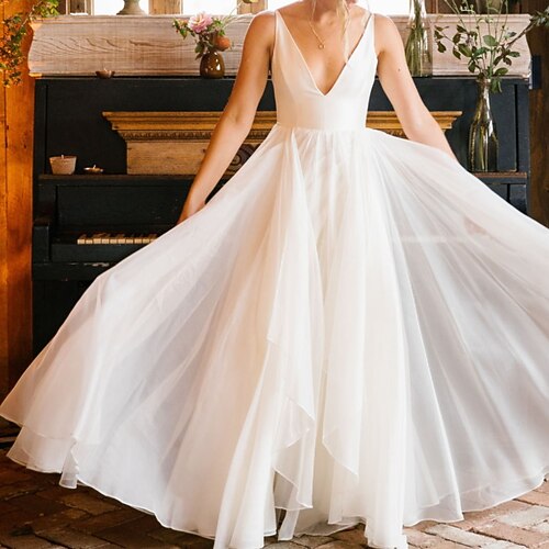 

A-Line Wedding Dresses V Neck Floor Length Chiffon Sleeveless Simple with Pleats 2022