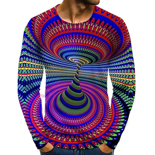 

Men's T shirt Tee Graphic Optical Illusion Round Neck Rainbow 3D Print Plus Size Daily Going out Long Sleeve Print Clothing Apparel Streetwear Exaggerated