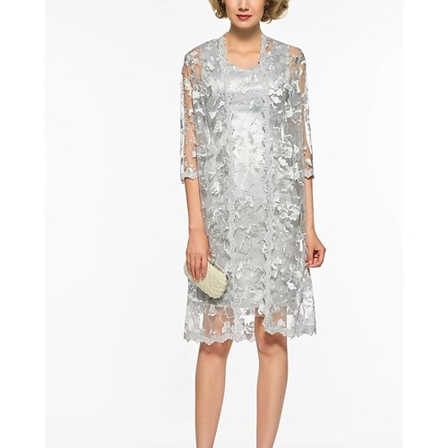 

Two Piece Sheath / Column Mother of the Bride Dress Elegant V Neck Knee Length Lace 3/4 Length Sleeve with Embroidery 2022