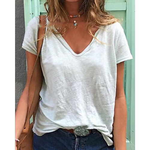 

Women's T shirt Tee Yellow Navy Blue White Plain Short Sleeve Daily Basic V Neck Regular S