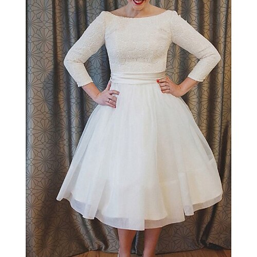 

A-Line Wedding Dresses Jewel Neck Ankle Length Lace Tulle 3/4 Length Sleeve Vintage 1950s with Bow(s) 2022