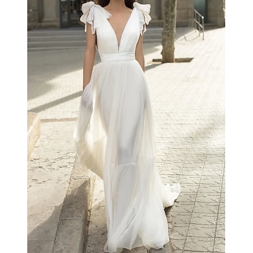 

Sheath / Column Evening Dresses Beautiful Back Dress Engagement Court Train Sleeveless V Neck Chiffon with Bow(s) 2022 / Formal Evening