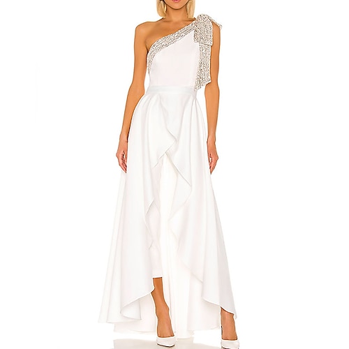

Jumpsuits Minimalist Elegant Engagement Prom Valentine's Day Dress One Shoulder Sleeveless Floor Length Stretch Satin with Pleats Ruffles 2022