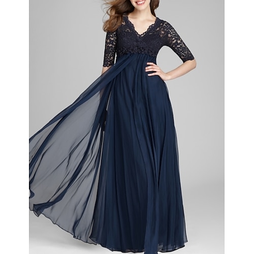 

A-Line Mother of the Bride Dress Elegant V Neck Floor Length Chiffon Lace Half Sleeve with Pleats Appliques 2022