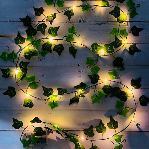 

2M 20LED Artificial Fake Creeper Green Leaf Ivy Vine LED String Lights Battery Operated Fairy Light Wedding Birthday Garden Party Family Party Room Decoration Without Battery