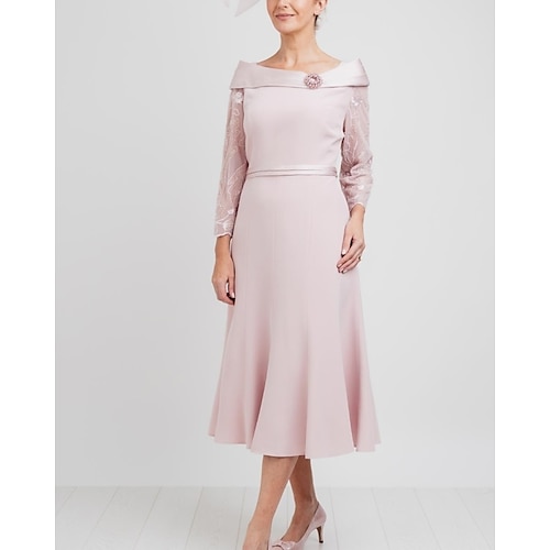 

A-Line Mother of the Bride Dress Elegant Jewel Neck Tea Length Satin Lace Long Sleeve with Pleats Beading 2022