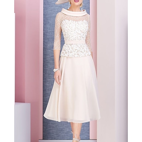 

A-Line Mother of the Bride Dress Elegant Cowl Neck Tea Length Chiffon Lace 3/4 Length Sleeve with Pleats Appliques 2022