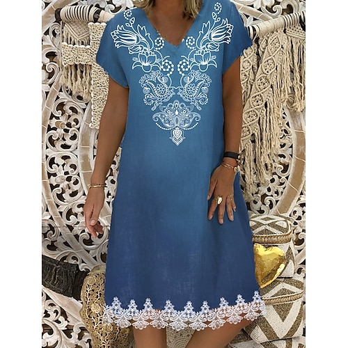 

Women's Shift Dress Midi Dress Blue Short Sleeve Geometric Lace Spring Summer V Neck M L XL XXL 3XL