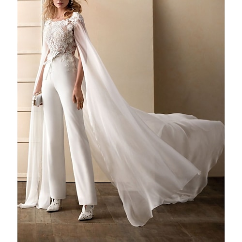 

Two Piece Jumpsuits Wedding Dresses Jewel Neck Sweep / Brush Train Chiffon Lace Short Sleeve Simple See-Through Backless Modern with Sashes / Ribbons Embroidery 2022