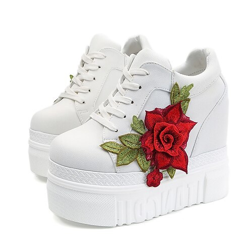 

Women's Sneakers Outdoor Daily Height Increasing Shoes White Shoes Flower Hidden Heel Round Toe Walking Shoes Canvas Lace-up Black Red White