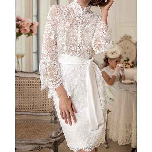 

Sheath / Column Mother of the Bride Dress Vintage Elegant Queen Anne Knee Length Chiffon Lace Long Sleeve with Sash / Ribbon Embroidery 2022