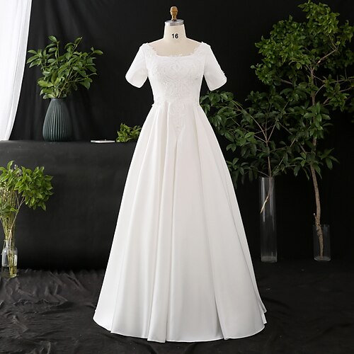 

A-Line Wedding Dresses Scoop Neck Floor Length Satin Half Sleeve Formal Elegant with Pearls Appliques 2022