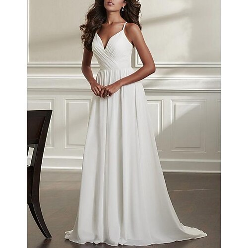 

A-Line Wedding Dresses Spaghetti Strap Sweep / Brush Train Chiffon Over Satin Sleeveless Simple Beach Sexy Backless with Ruched 2022