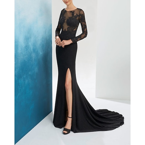 

Mermaid / Trumpet Evening Dresses Beautiful Back Dress Engagement Sweep / Brush Train Long Sleeve Illusion Neck Chiffon with Slit Embroidery 2022 / Formal Evening