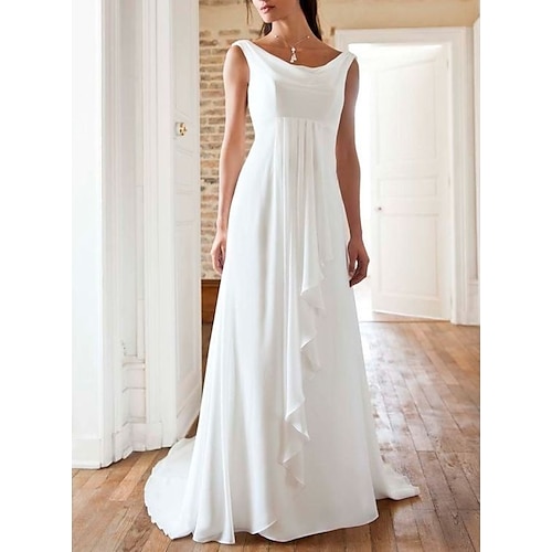 

A-Line Wedding Dresses Jewel Neck Sweep / Brush Train Chiffon Sleeveless Beach with Pleats 2022