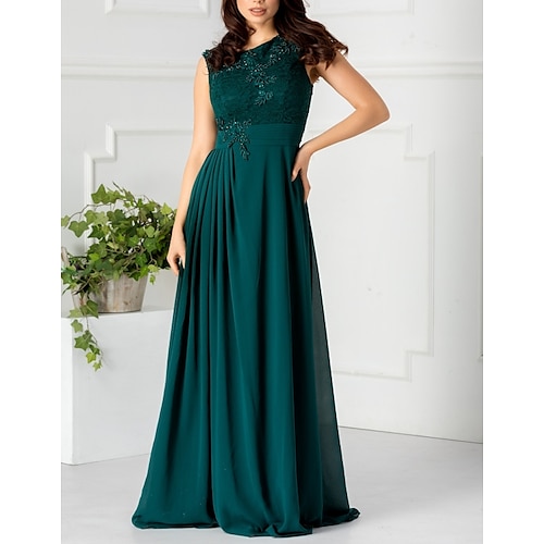 

A-Line Elegant Floral Engagement Formal Evening Dress Jewel Neck Sleeveless Floor Length Chiffon with Pleats Appliques 2022