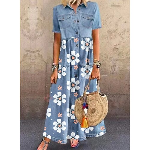 

Women's Denim Shirt Dress Maxi long Dress Blue Short Sleeve Floral Pocket Button Print Spring Summer Shirt Collar Stylish Casual 2022 M L XL XXL 3XL