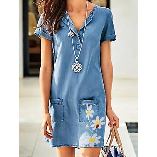 

Women's Denim Dress Mini Dress Blue Short Sleeve Floral Pocket Spring Summer V Neck 2022 M L XL XXL 3XL