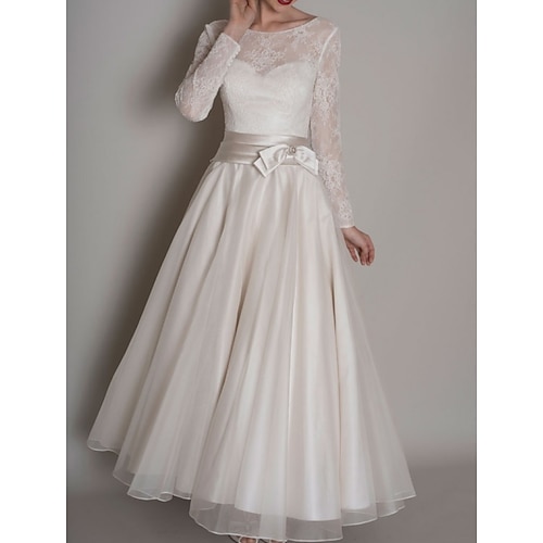 

A-Line Wedding Dresses Jewel Neck Floor Length Satin Tulle Long Sleeve Vintage 1950s with Bow(s) Embroidery 2022