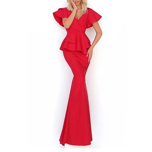 

Mermaid / Trumpet Evening Dresses Elegant Dress Engagement Floor Length Short Sleeve V Neck Satin with Sleek 2022 / Formal Evening