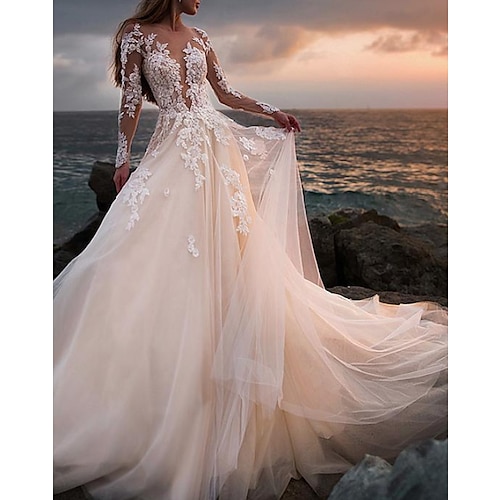 

A-Line Wedding Dresses Jewel Neck Court Train Lace Tulle Long Sleeve Beach Sexy See-Through with Embroidery Appliques 2022