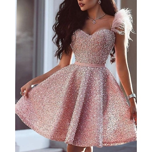 

Back To School A-Line Glittering Luxurious Homecoming Cocktail Party Dress Sweetheart Neckline Sleeveless Short / Mini Satin with Beading 2020 Hoco Dress