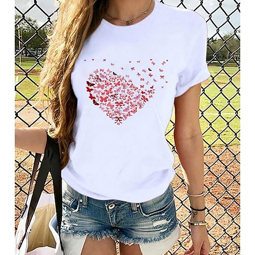 

Women's T shirt Tee Cat Purple Rainbow Heart Graphic Prints Short Sleeve Daily Round Neck Loose Fit S