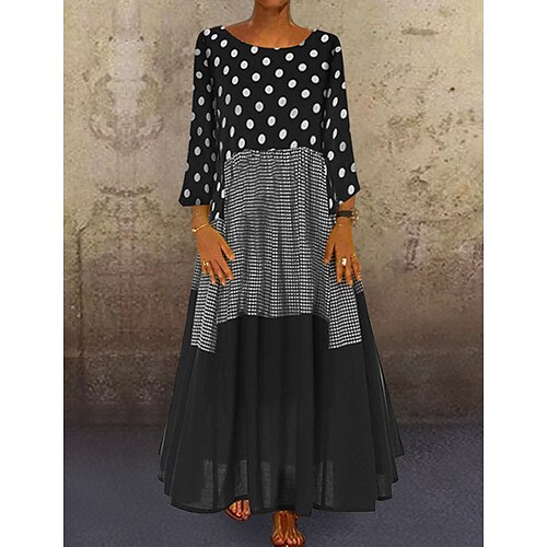 

Women's A Line Dress Maxi long Dress Black Red Yellow Long Sleeve Polka Dot Patchwork Print Fall Spring Round Neck Hot Casual Loose 2022 M L XL XXL 3XL 4XL 5XL / Plus Size / Plus Size