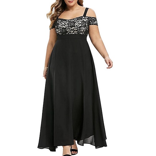 női molett party ruha egyszínű vállról csipke rövid ujjú tavaszi nyári vintage báli ruha maxi hosszú ruha party ruha fekete ruha hazatérés ruha
