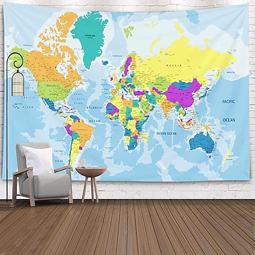

Wall Tapestry Art Decor Blanket Curtain Picnic Tablecloth Hanging Home Bedroom Living Room Dorm Decoration Black and White World Map Topography